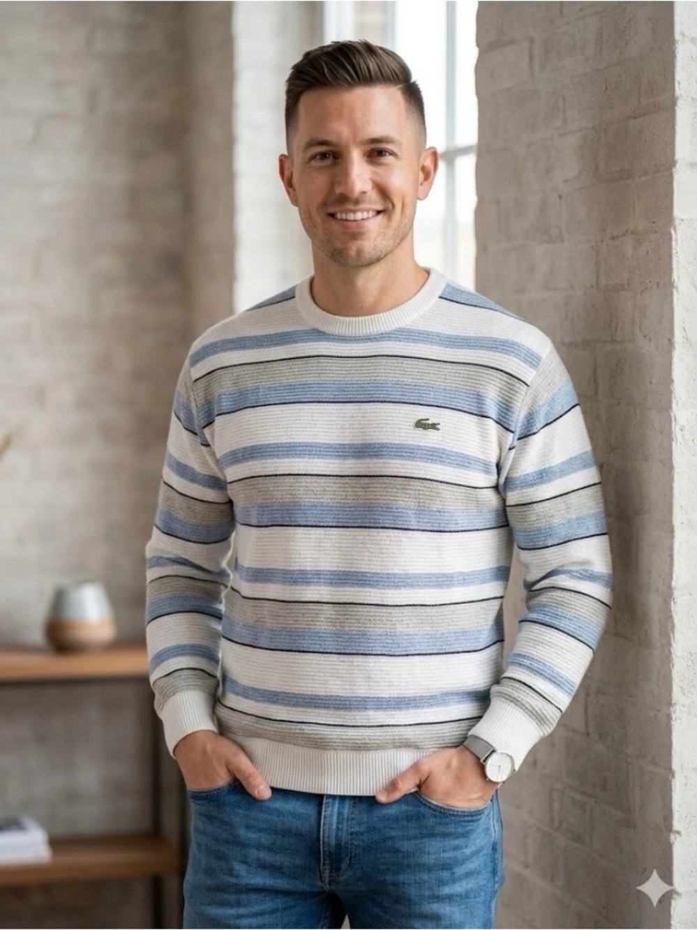 Classic Lacoste V-Neck Knit Sweater White Blue Preppy Athleisure Men's Size L